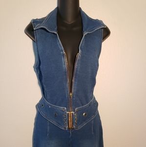 Cool Vintage stretch denim jumpsuit halter zip front bell bottoms